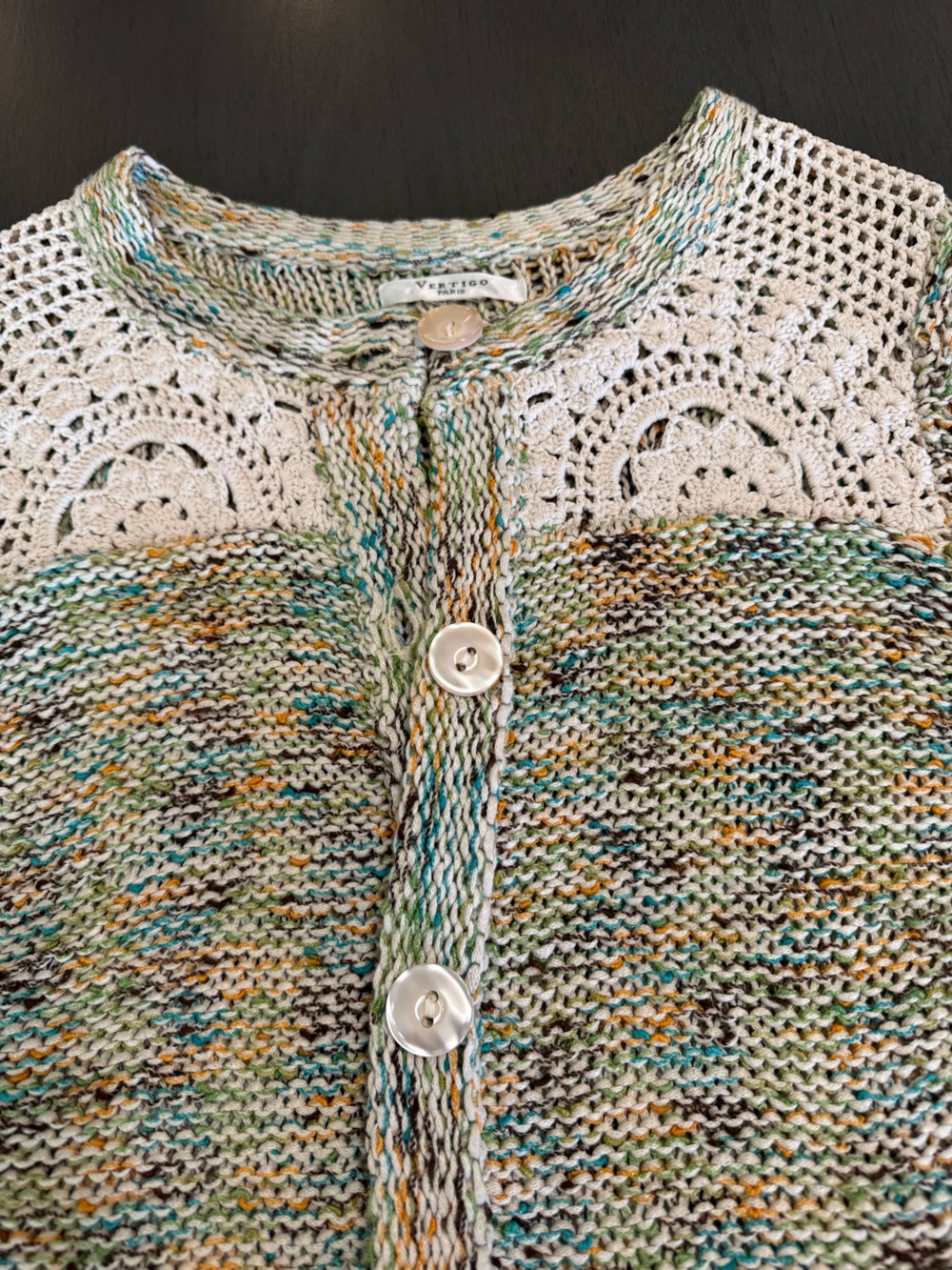 Vintage Vertigo Paris Multicolored Crochet Cardigan with Pearl Buttons SZ M - Picture 2 of 6